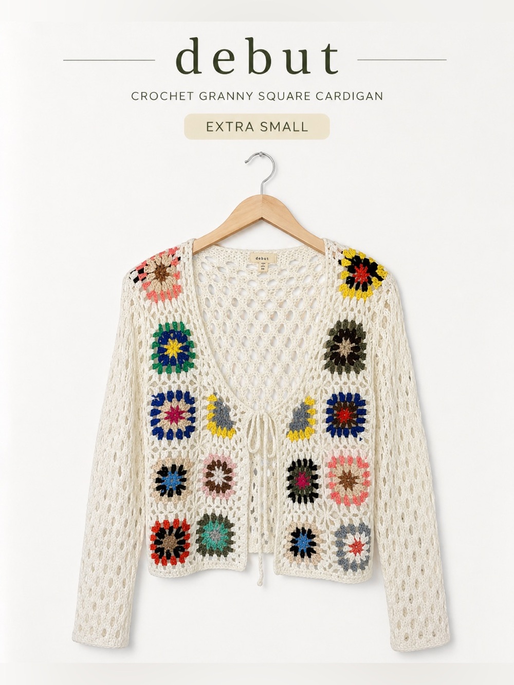 Debut Crochet Granny Square Cardigan XS Boho Tie Front Open Knit Sweater